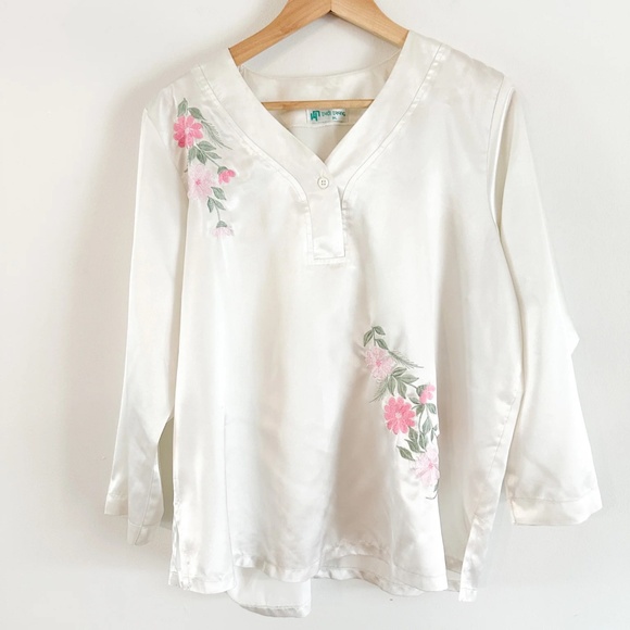 White Satin PJ Set with Pink Embroidered Floral Detailing - Picture 1 of 6